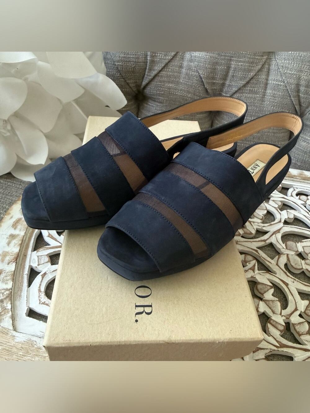 Ann Taylor Navy Peep Toe  Slingback Wedge Heels Shoes Women’s 7